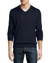 Neiman Marcus Contrast Trim V Neck Sweater Midnight