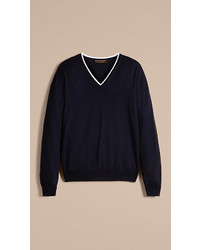 Burberry Contrast Trim Wool V Neck Sweater