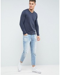 Asos Cotton V Neck Sweater In Navy