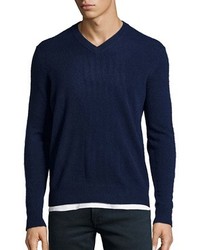 Harrison Dark Navy Cashmere Knit V Neck Sweater