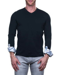 Maceoo Edison Regular Fit Check Long Sleeve V Neck T Shirt