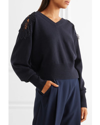 Chloé Merine Guipure Lace Trimmed Wool And Cashmere Blend Sweater Navy