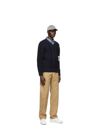 Thom Browne Navy Aran Cable 4 Bar V Neck Sweater