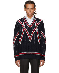 Brioni Navy Cable Knit V Neck Sweater