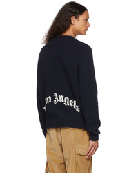 Palm Angels Navy Curved Logo V Neck Sweater