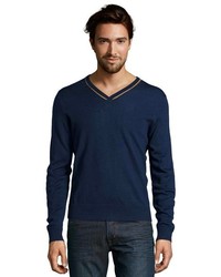 Cullen Navy Marled Merino Wool V Neck Sweater