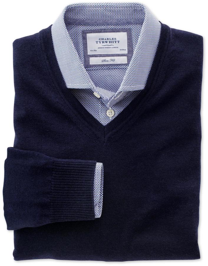 Men's Charles Tyrwhitt V-Neck Sweater - Navy Blue Size XXL Merino