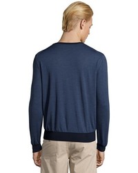 Canali Navy Micro Striped Wool Knit V Neck Sweater