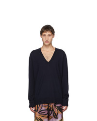 Dries Van Noten Navy Relaxed V Neck Sweater