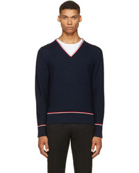 Thom Browne Navy Tricolor V Neck Sweater