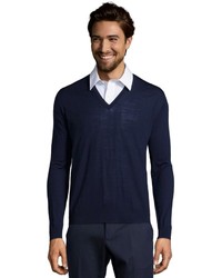 Prada Navy Virgin Wool Knit V Neck Sweater