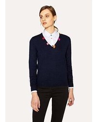 Paul Smith Navy Wool V Neck Sweater With Striped Collar