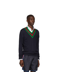 Gucci Navy Wool Web V Neck Sweater