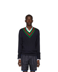 Gucci Navy Wool Web V Neck Sweater