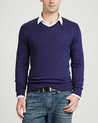 Neiman Marcus Superfine V Neck Pullover Sweater Navy