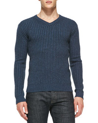 Neiman Marcus Ribbed V Neck Cashmere Sweater Blue