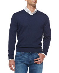 Neiman Marcus Superfine Cashmere V Neck Sweater Marine Blue