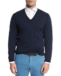 Ermenegildo Zegna Textured Cashmere Blend V Neck Sweater Navy