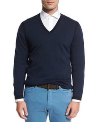 Ermenegildo Zegna Textured Cashmere Blend V Neck Sweater Navy