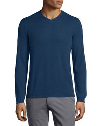 Zachary Prell V Neck Linen Blend Long Sleeve Sweater Navy