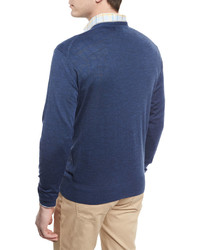 Peter Millar V Neck Tipped Pullover Sweater Arno Blue