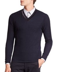 Giorgio Armani Velvet Trim V Neck Sweater