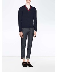 Gucci Wool V Neck Sweater With Web