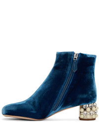Miu Miu Blue Velvet Pearl And Crystal Boots