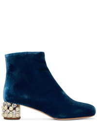 Miu Miu Blue Velvet Pearl And Crystal Boots