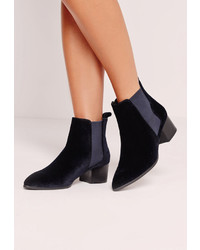 Missguided Velvet Pointed Toe Ankle Boots Navy