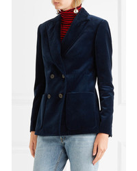 Sonia Rykiel Faux Leather Trimmed Double Breasted Cotton Velvet Blazer Midnight Blue