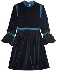 Roksanda Neruda Satin And Organza Trimmed Velvet Mini Dress Midnight Blue