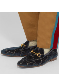 Gucci New Jordaan Horsebit Leather Trimmed Logo Embroidered Velvet Loafers