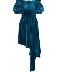 Preen by Thornton Bregazzi Courtney Asymmetric Off The Shoulder Velvet Midi Dress Indigo
