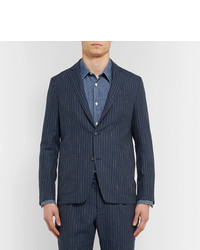Officine Generale Navy Slim Fit Unstructured Pinstriped Woven Suit Jacket
