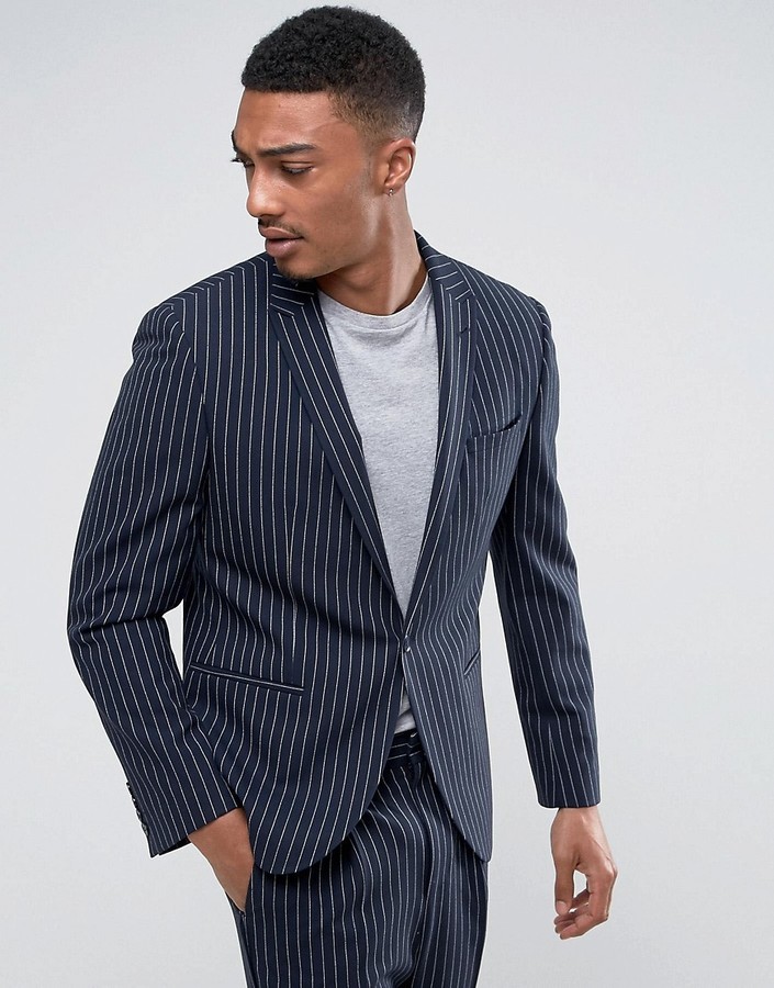 Asos Skinny Suit Jacket In Navy Pinstripe, $135 | Asos | Lookastic