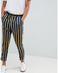 ASOS DESIGN Cigarette Smart Trouser In Navy Stripe With Turn Up