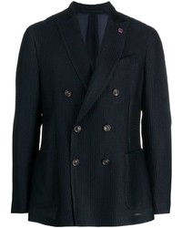 Navy Vertical Striped Cotton Double Breasted Blazer