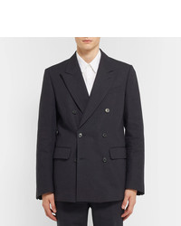 Dries Van Noten Navy Banks Double Breasted Pinstriped Cotton And Linen Blend Suit Jacket
