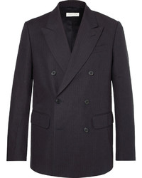 Dries Van Noten Navy Banks Double Breasted Pinstriped Cotton And Linen Blend Suit Jacket