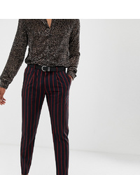 Heart & Dagger Slim Fit Cropped Pleated Smart Trouser In Navy And Red Stripe