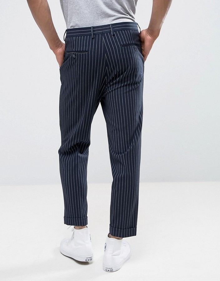 Italian Tailored Fit Navy Stripe Trousers | Buy Online at Moss