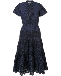 Sea English Embroidery Pinstriped Dress