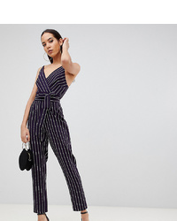 Asos Tall Asos Design Tall Wrap Jumpsuit With Self Belt In Navy Stripe