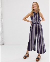 ASOS DESIGN Button Front Collar Culotte Jumpsuit In Stripe Print
