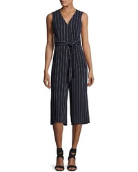 Donna Ricco Striped Sleeveless Belted Culotte Jumpsuit Navy