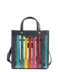 Navy Vertical Striped Leather Tote Bag