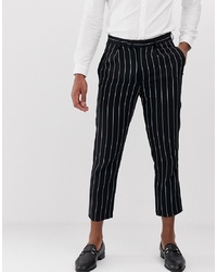 Devils Advocate Slim Fit Linen Pinstripe Pleated Cropped Trousers