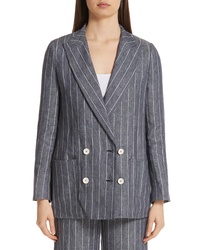 Navy Vertical Striped Linen Double Breasted Blazer