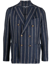 Navy Vertical Striped Linen Double Breasted Blazer